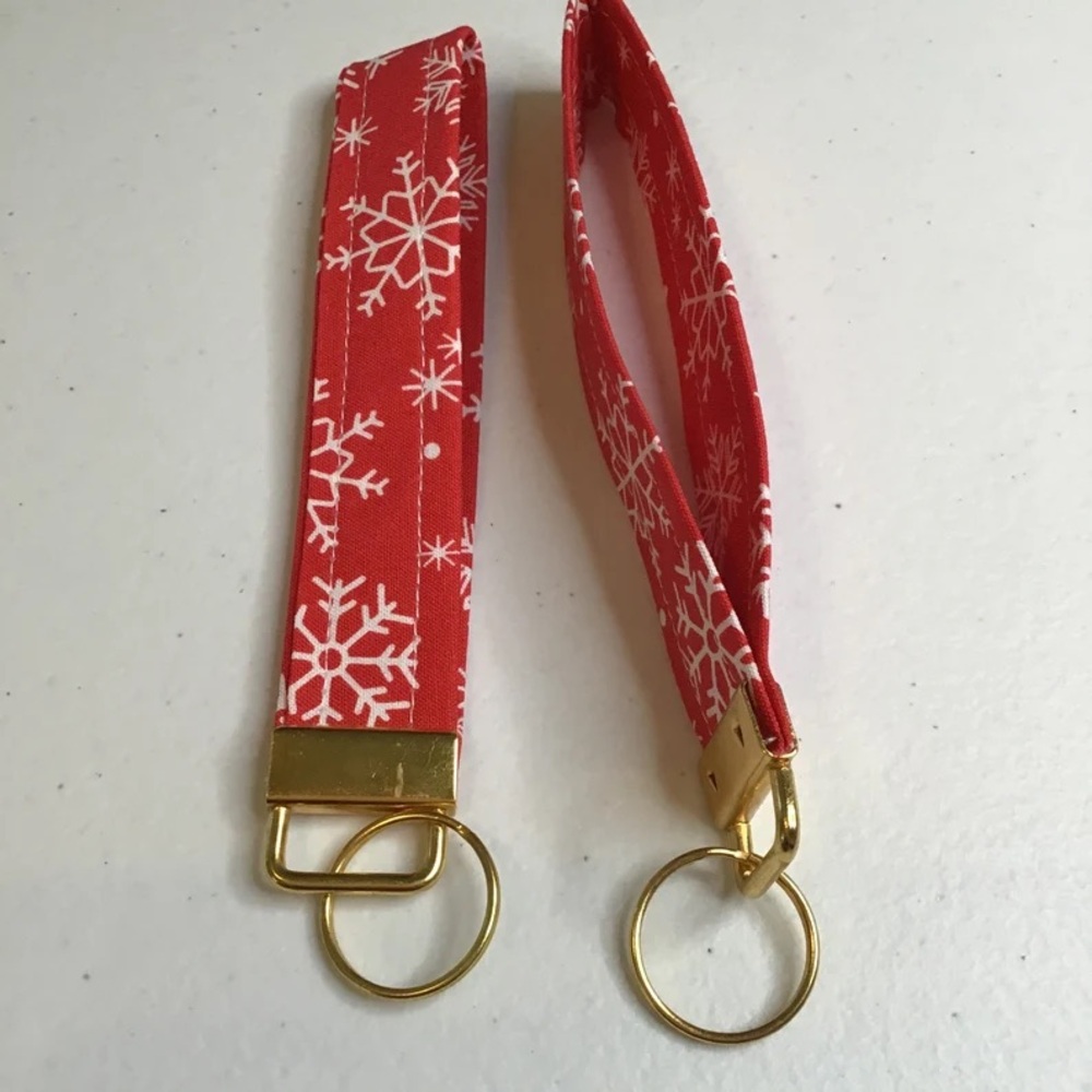 Red Snowflake Keychain Wristlet with silver tone hardware HANDMADE New Christmas